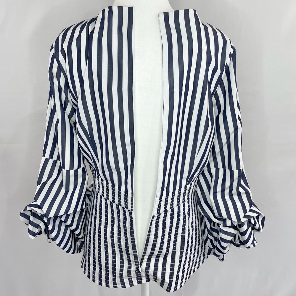 New Central Park West Balloon Sleeve Layered Peplum Striped Cotton Shirt - Picture 13 of 16